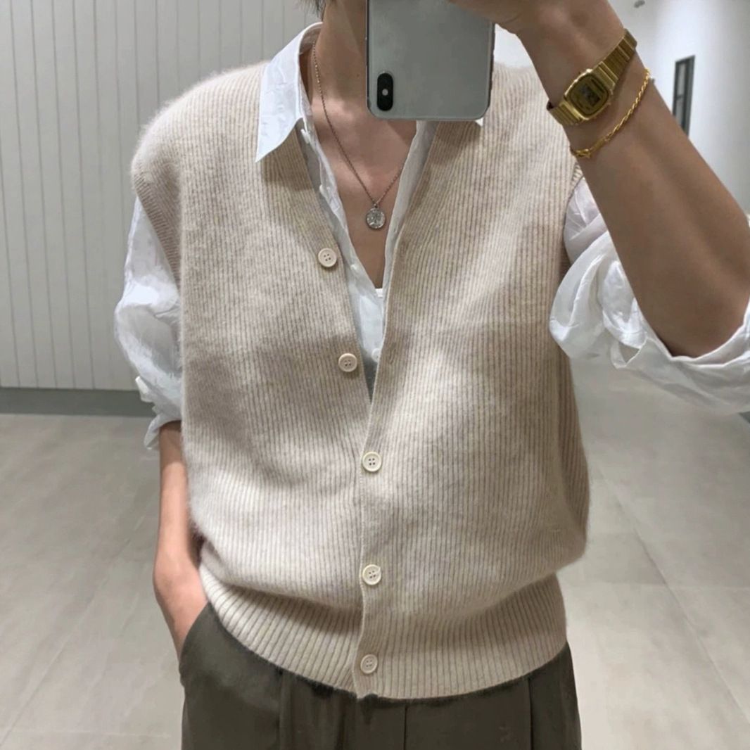 Ribbed Knit Button Down Vest Sleeveless V Neck Cardigan SSU-00045