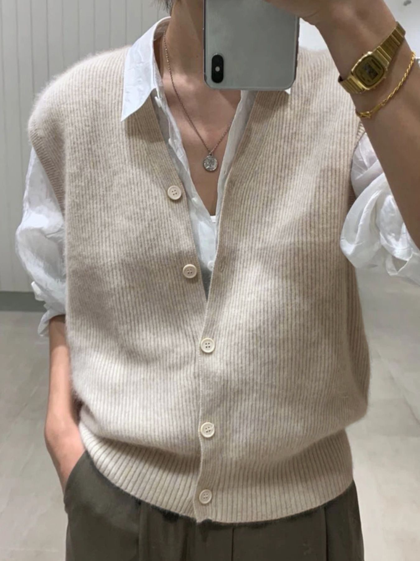 Ribbed Knit Button Down Vest Sleeveless V Neck Cardigan SSU-00045