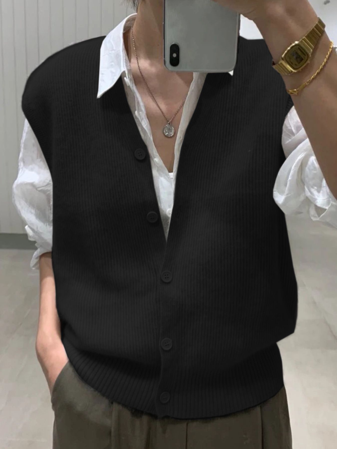 Ribbed Knit Button Down Vest Sleeveless V Neck Cardigan SSU-00045