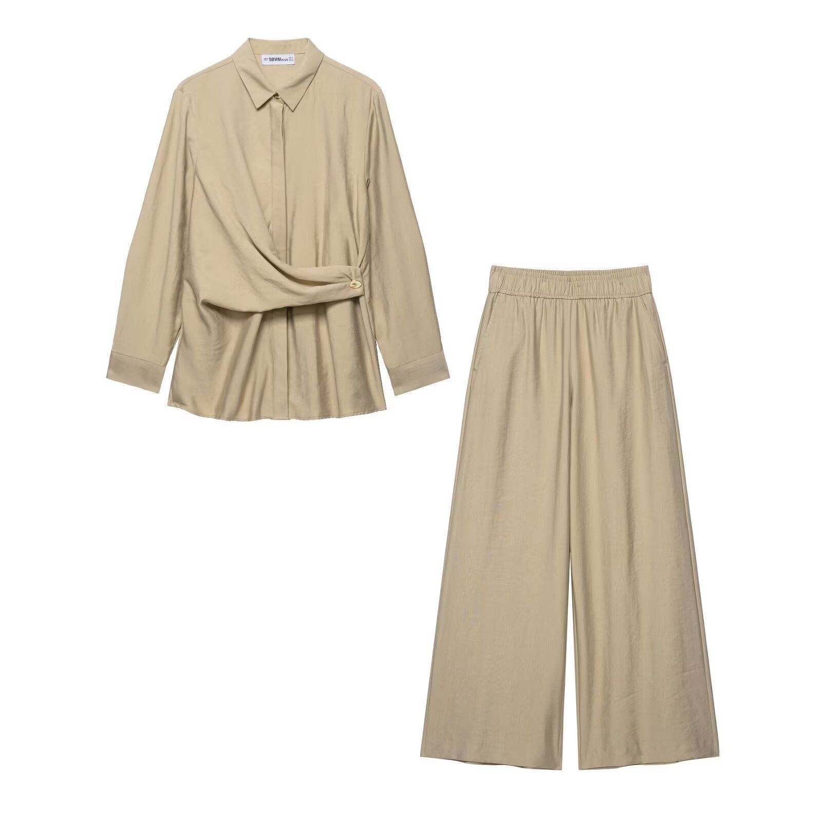 Women's Gold Button Blouse & Wide Leg Pants Set - Elastic Waist KUN-00166