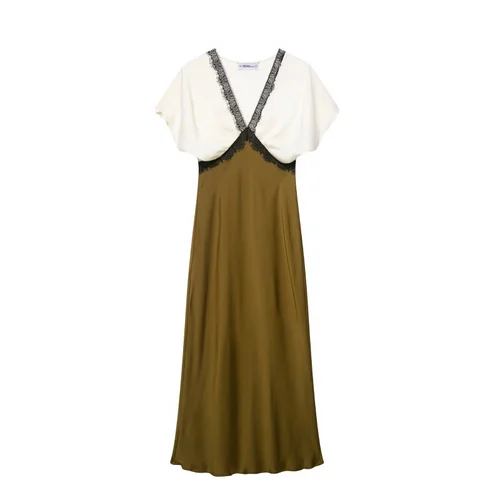 Inspired Satin Midi Dress with Contrast Lace Trim KUN-00031
