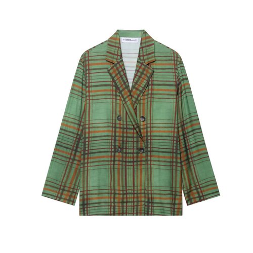 Blazer- und Schlaghosen-Set - Karierter Anzug mit Drapierung KUN-00033