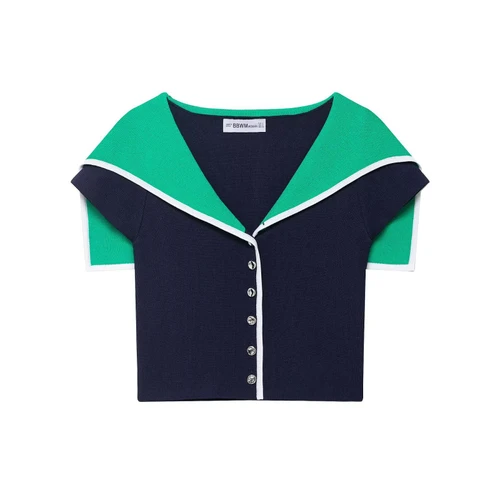 Suéter de punto con solapa y bloques de color KUN-00067