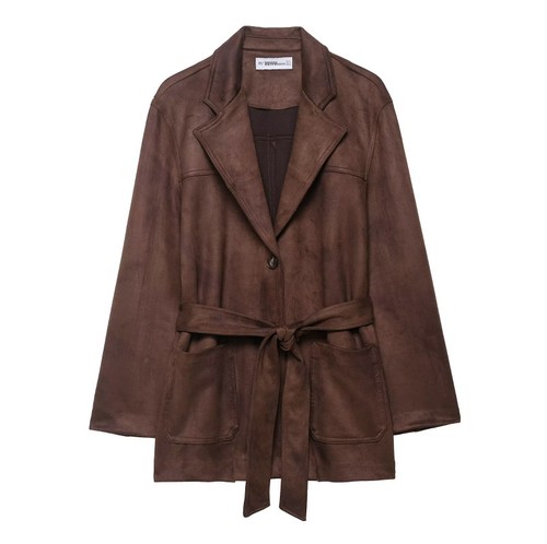 Faux Suede Belted Jacket - European Style KUN-00139