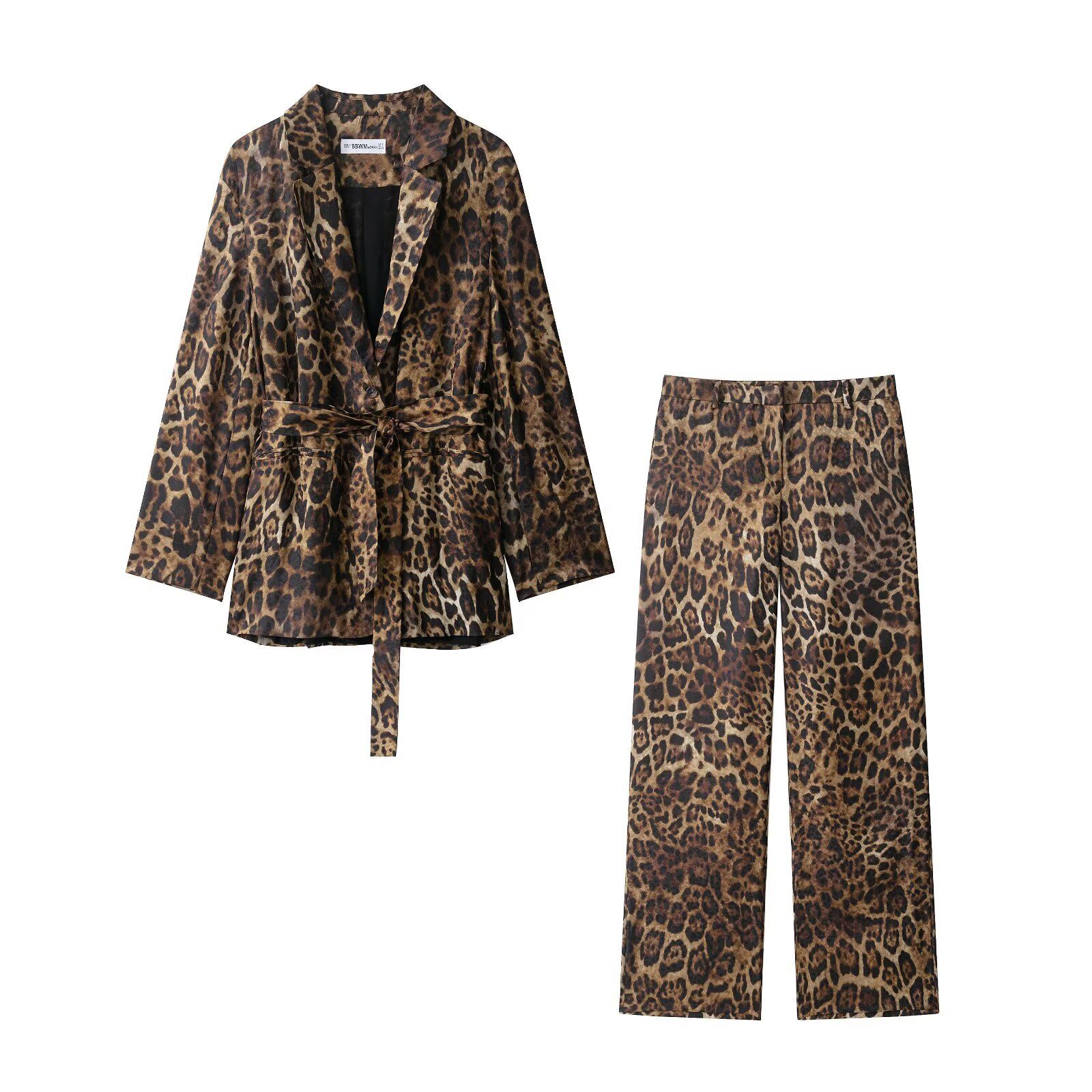 Ensemble blazer et pantalon jacquard à imprimé animal pour femme KUN-00039