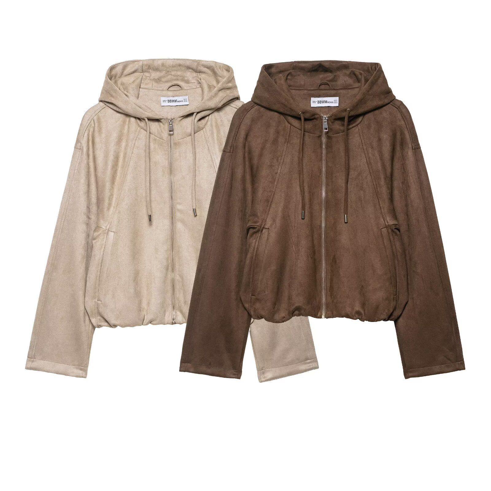 Suede Bomber Jacket Women's Hooded Aviator Jacket KUN-00086