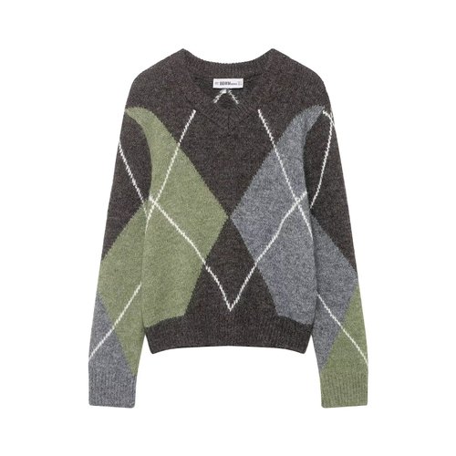 Knit Sweater Diamond Pattern Casual Chic Top KUN-00008