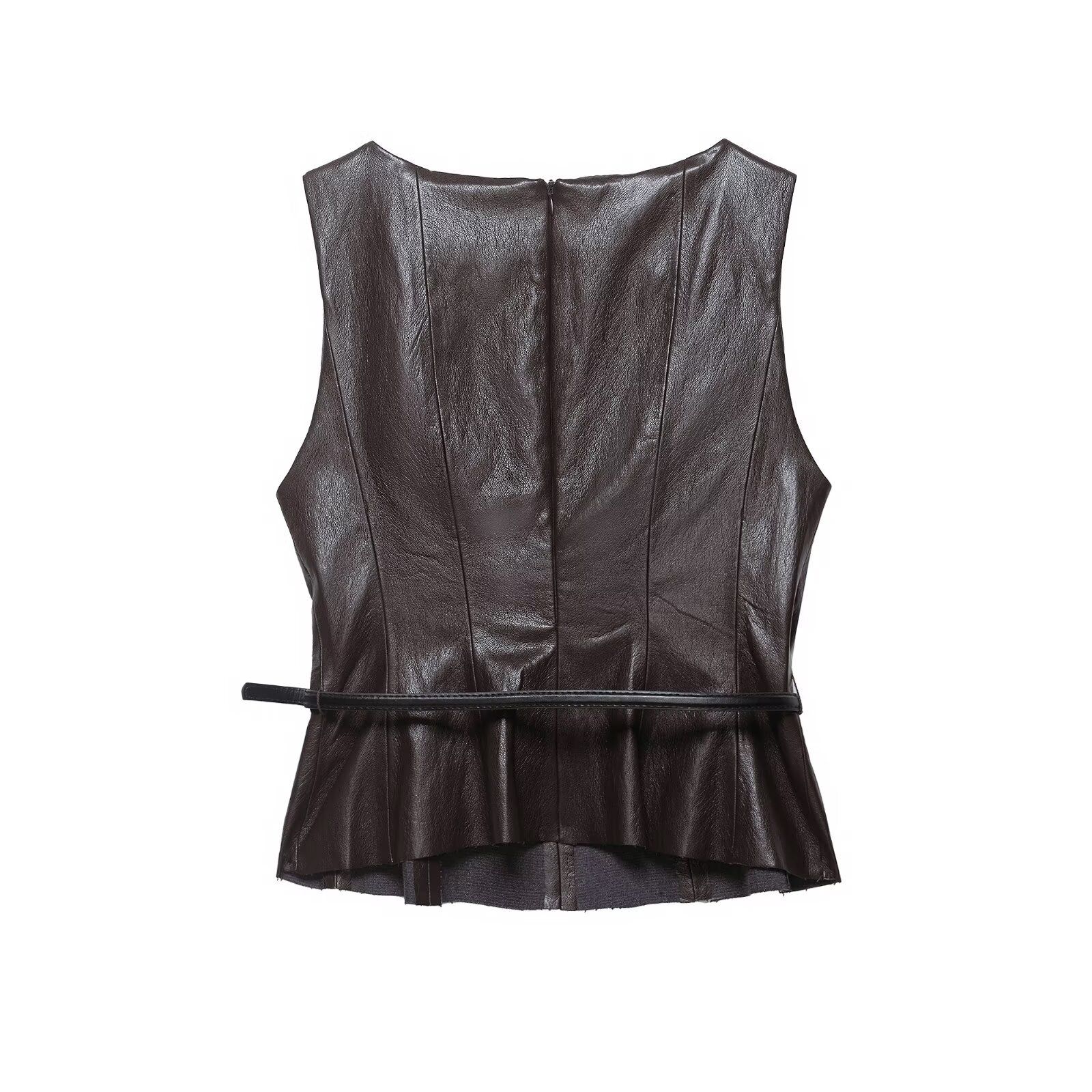 Faux Leather Top & Midi Skirt Set with Belt KUN-00030