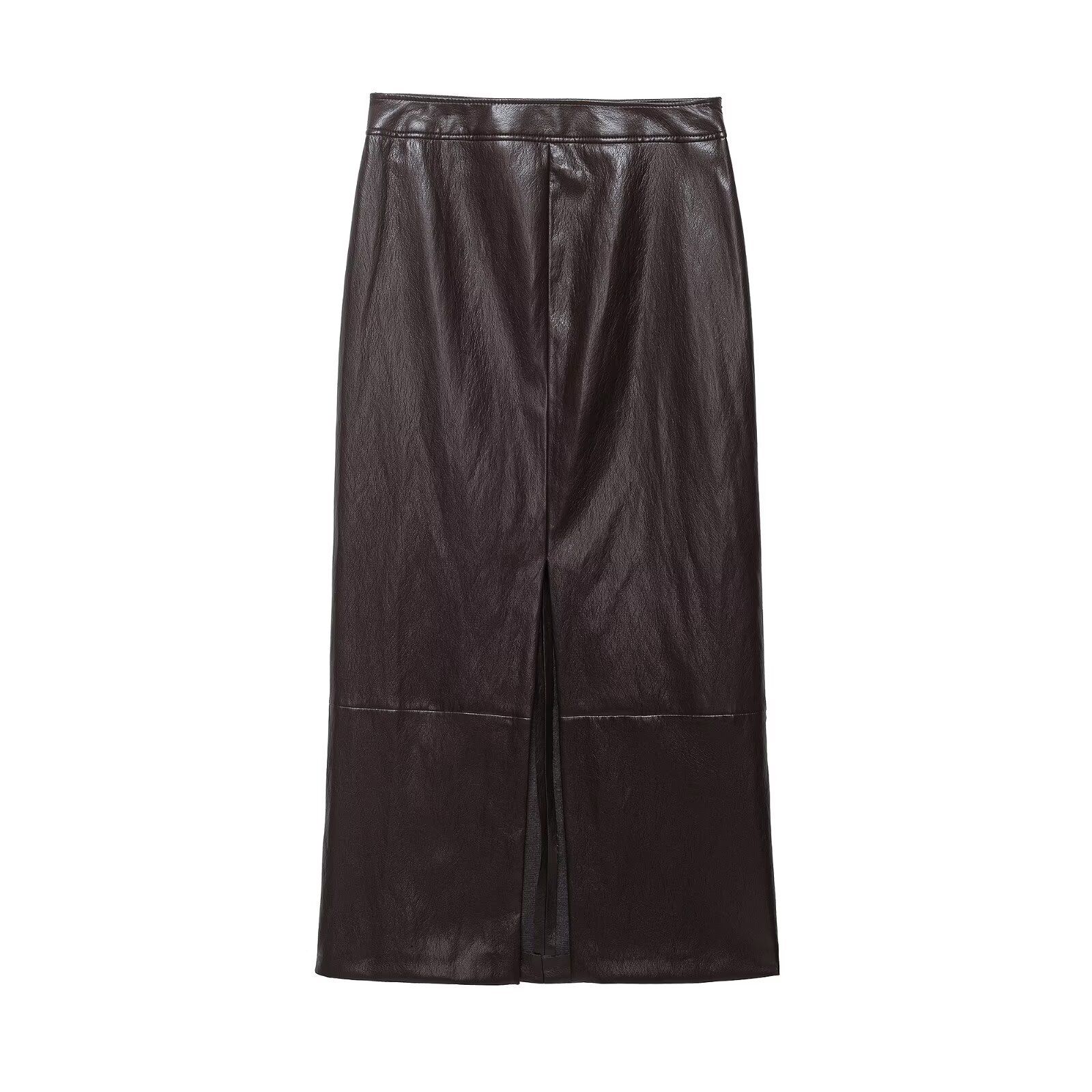 Faux Leather Top & Midi Skirt Set with Belt KUN-00030