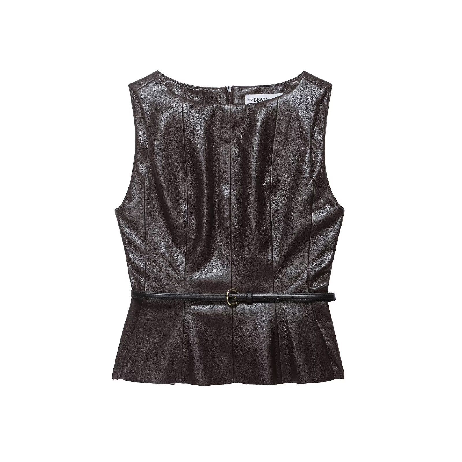 Faux Leather Top & Midi Skirt Set with Belt KUN-00030