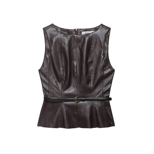 Conjunto de top de piel sintética y falda midi con cinturón KUN-00030