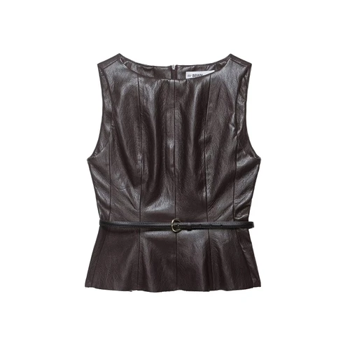 Faux Leather Top & Midi Skirt Set with Belt KUN-00030