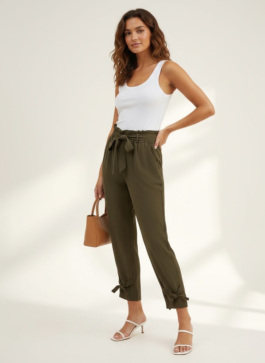 Women's High Waist Paperbag Pants with Tie Ankle Detail
