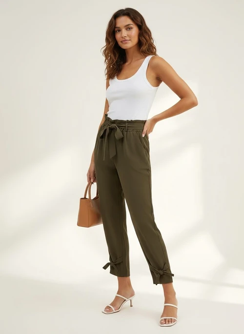 Women's High Waist Paperbag Pants with Tie Ankle Detail