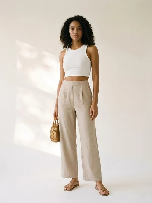 Pantalones de mujer de talle alto y pierna ancha, confeccionados en mezcla de lino.