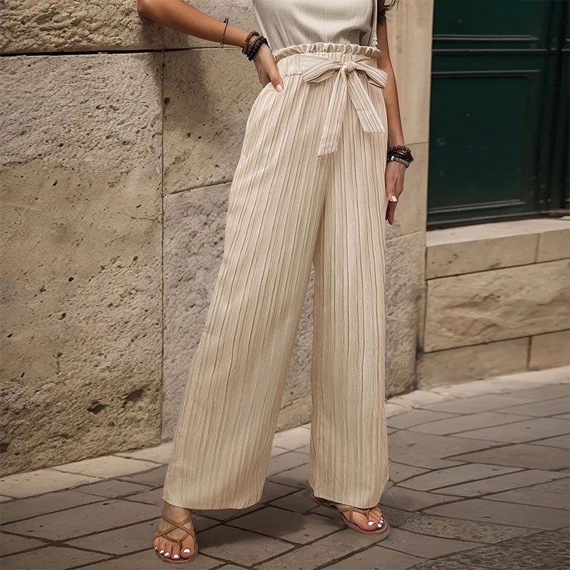 Women's High Waist Wide Leg Palazzo Pants with Tie Belt