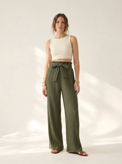Pantaloni palazzo da donna a vita alta e gamba larga con cintura da annodare
