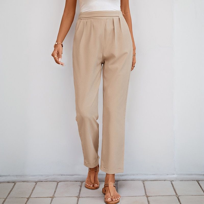 Pantalon décontracté plissé beige taille haute pour femme