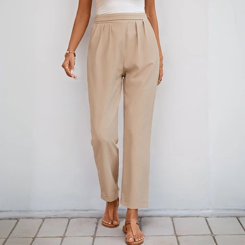 Pantalon décontracté plissé beige taille haute pour femme