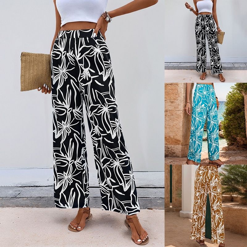 Pantalones palazzo de pierna ancha con estampado floral para mujer