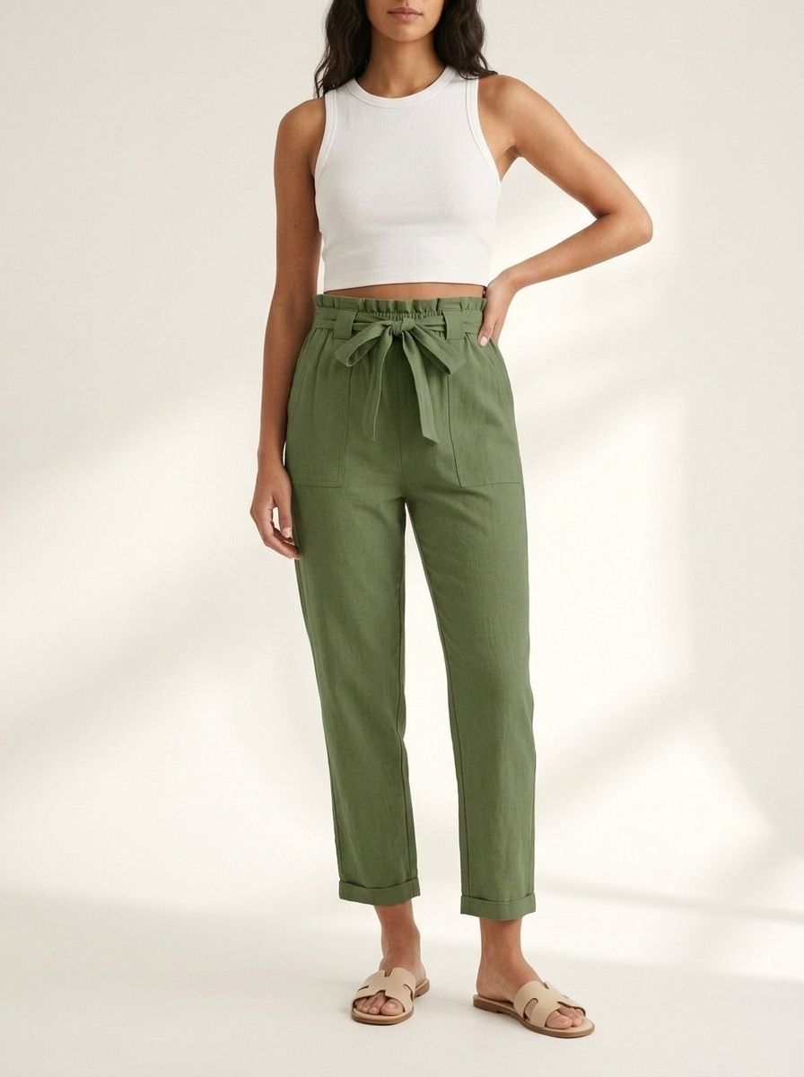 Pantalones ajustados de mujer con cinturón de lazo en la cintura y estilo paperbag