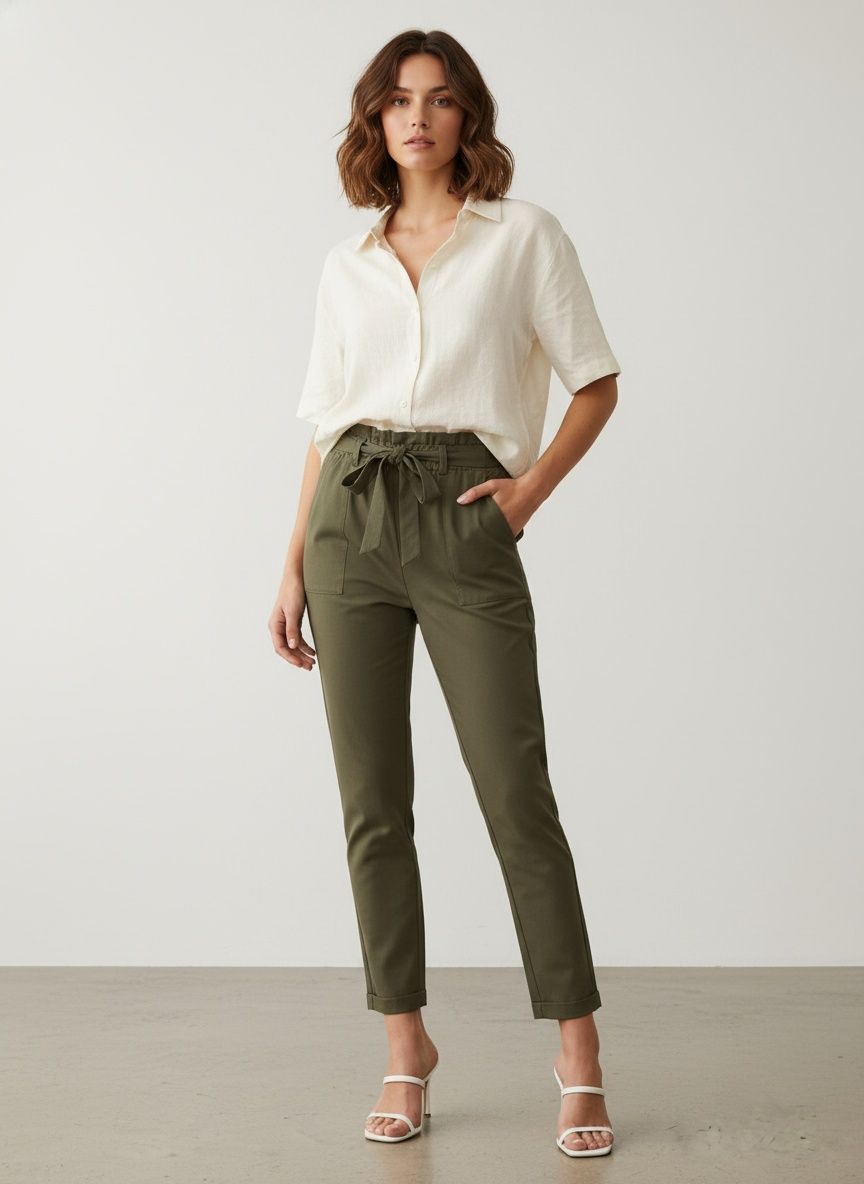Pantalon fuselé à ceinture à nouer et taille haute pour femme