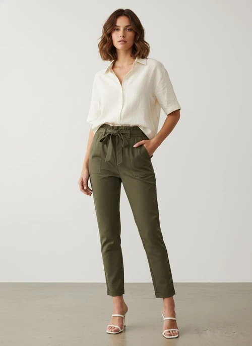 Pantalon fuselé à ceinture à nouer et taille haute pour femme