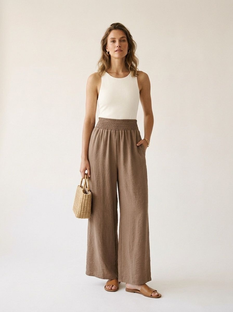 Pantaloni palazzo da donna a vita alta e gamba larga con arricciatura