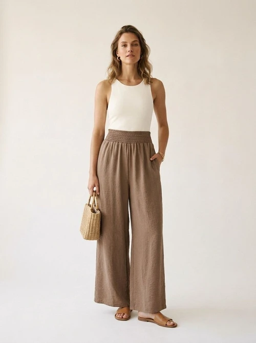 Pantaloni palazzo da donna a vita alta e gamba larga con arricciatura