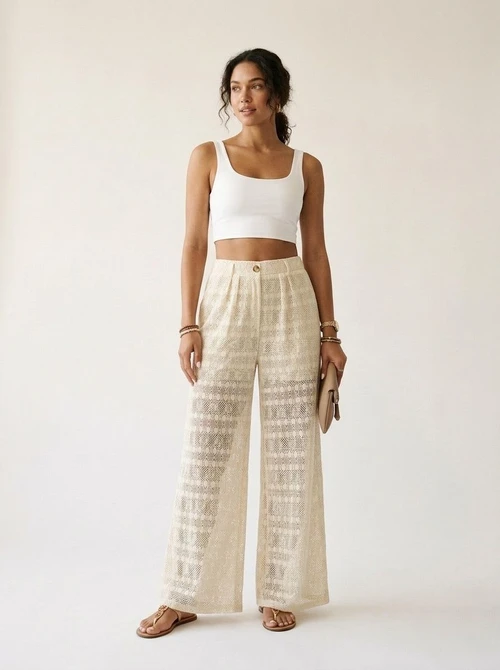 Pantalon de plage large en crochet pour femme - Blanc cassé