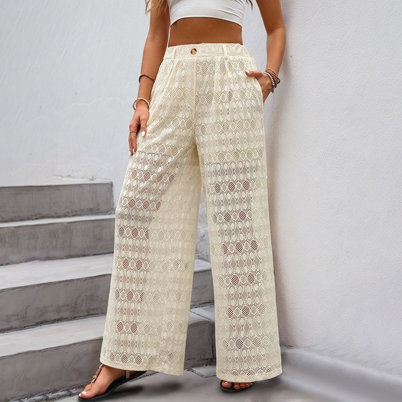 Pantalones de playa de crochet de pierna ancha para mujer - Blanco roto