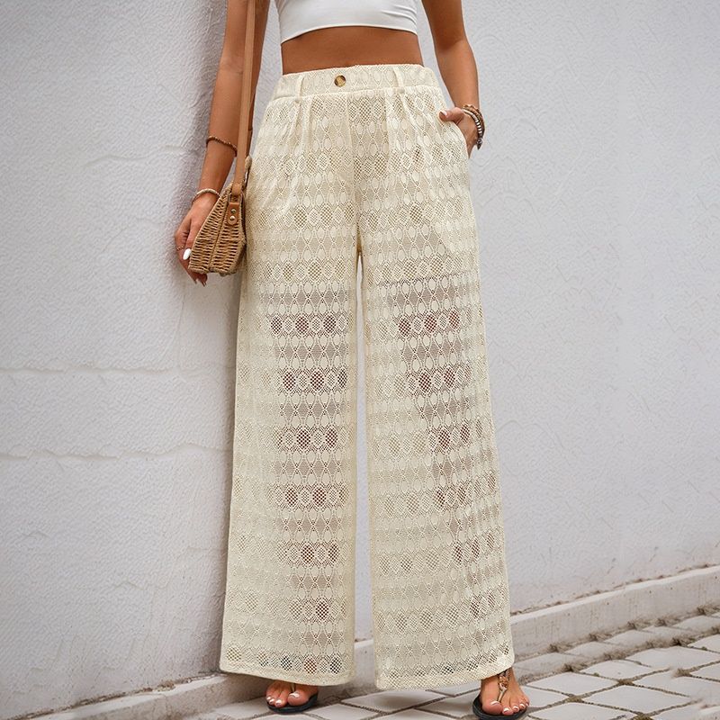 Pantalones de playa de crochet de pierna ancha para mujer - Blanco roto