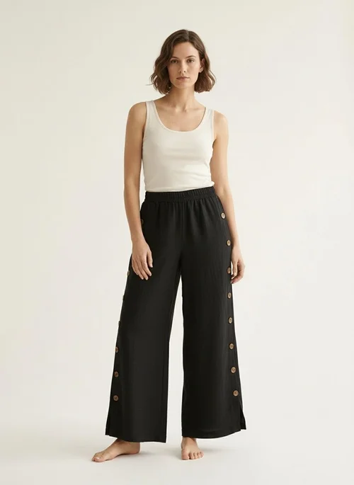 Black Wide Leg Palazzo Pants with Side Buttons
