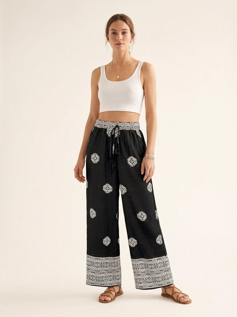 Pantalon palazzo large brodé style bohème