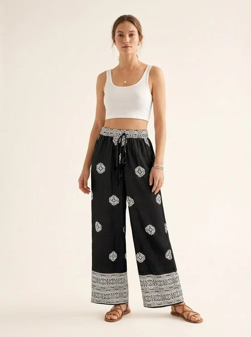 Boho Embroidered Wide Leg Palazzo Pants