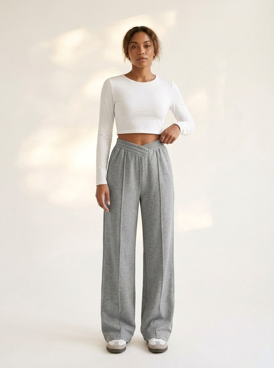 Pantalones deportivos de pierna ancha con cuello en V y cintura alta - Pantalones cómodos para estar en casa
