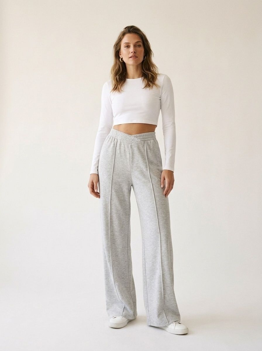 Pantalon de survêtement à jambes larges et col en V - Pantalon de détente confortable