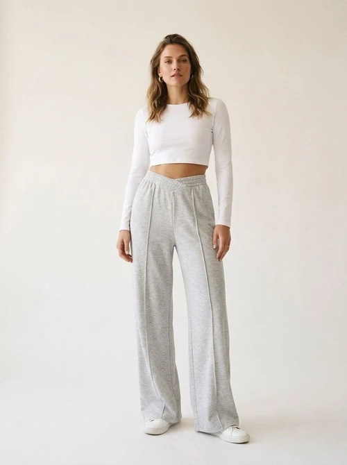 Pantalon de survêtement à jambes larges et col en V - Pantalon de détente confortable