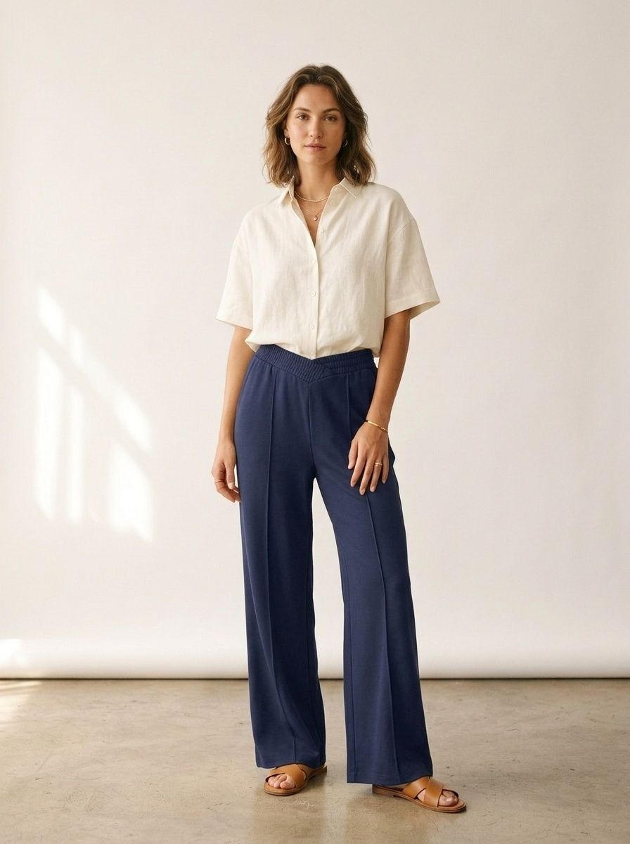 Pantalones deportivos de pierna ancha con cuello en V y cintura alta - Pantalones cómodos para estar en casa