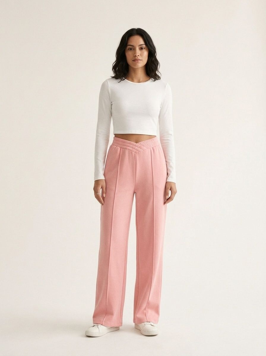 Pantalones deportivos de pierna ancha con cuello en V y cintura alta - Pantalones cómodos para estar en casa