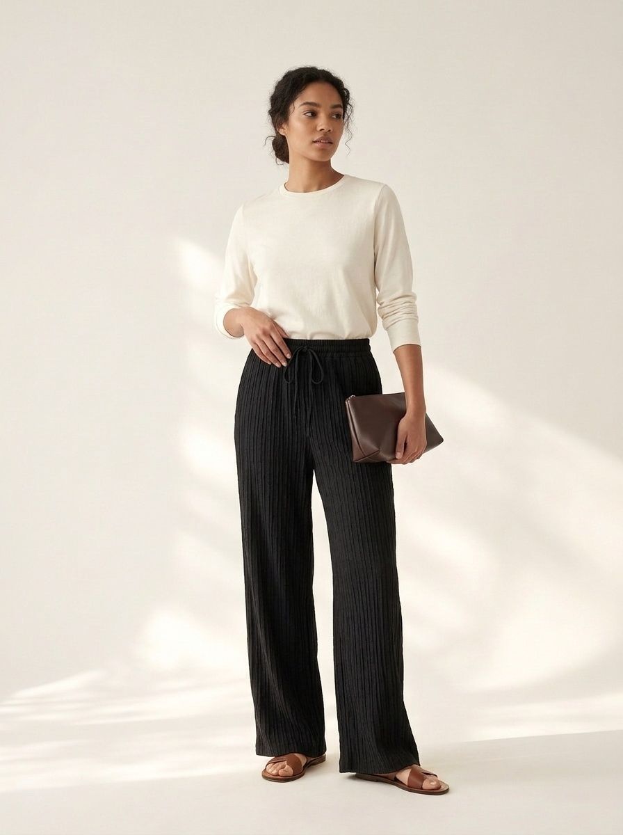 Dames loungebroek met ribbels, wijde pijpen en trekkoord