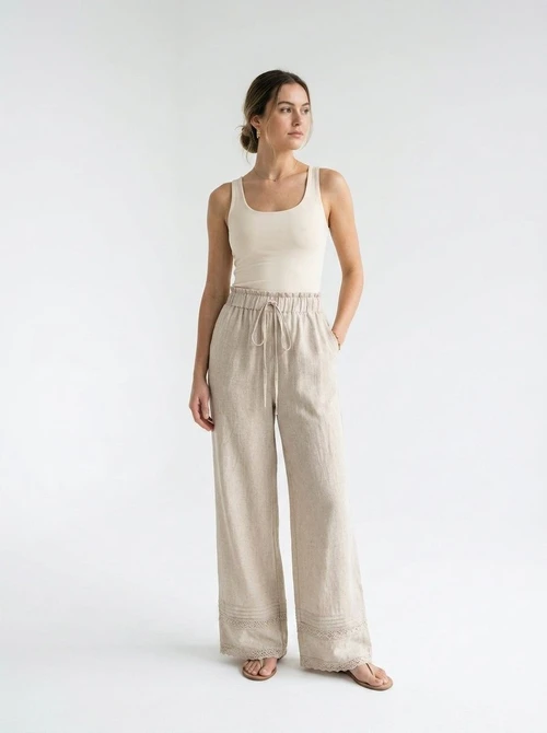 Pantalon à jambes larges et cordon de serrage pour femme, en lin mélangé beige