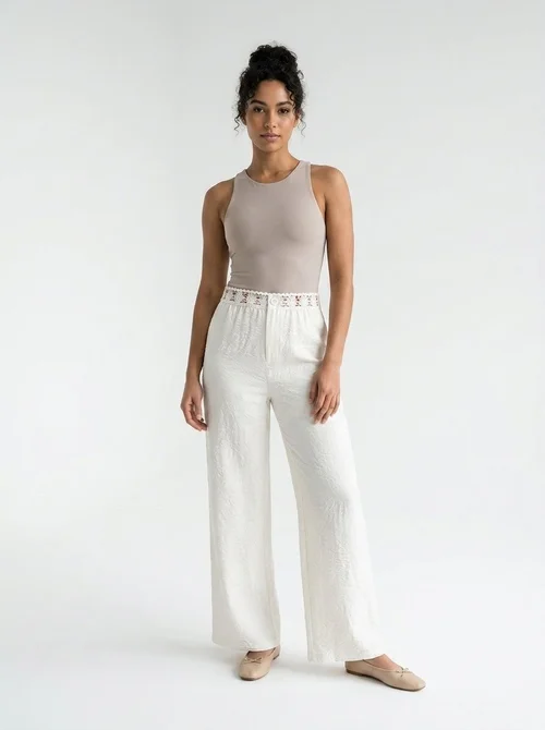 High Waist Crochet Trim Wide Leg Pants