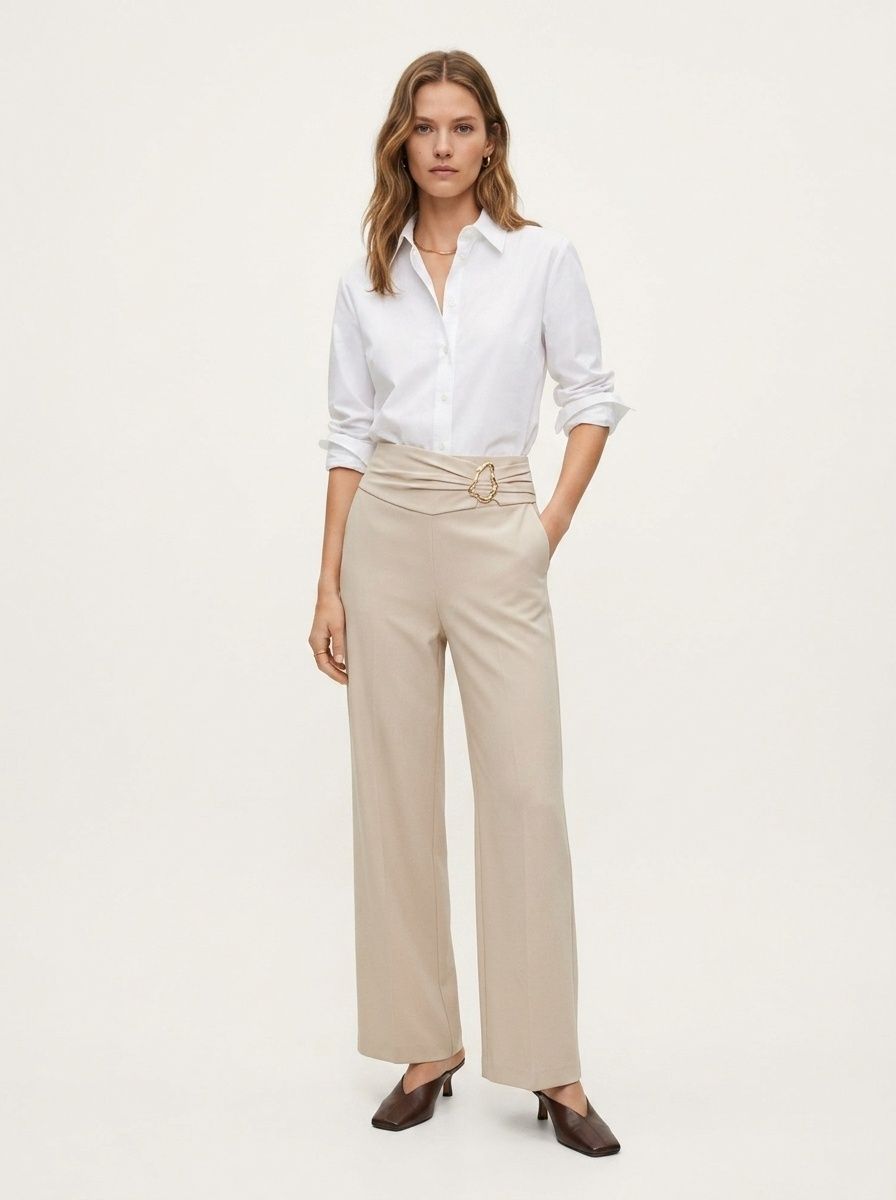 Women's High Waist Wide Leg Trousers with Buckle