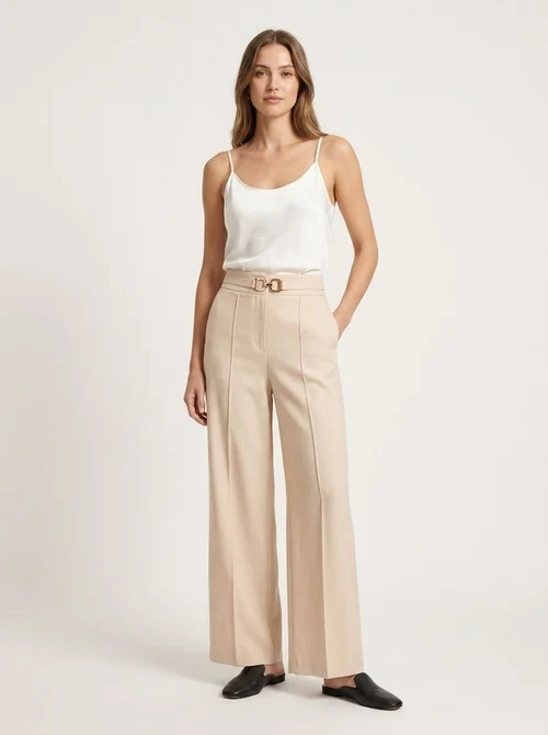 High Waist Wide Leg Trousers with Buckle Accent