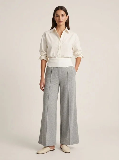 Women's Grey Foldover Waist Wide Leg Pants