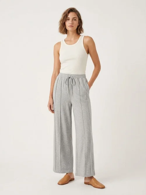 Women's Grey Pleated Wide Leg Drawstring Sweatpants
