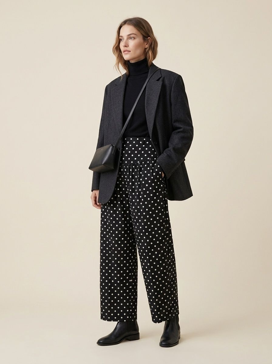 Pantaloni a gamba larga a vita alta a pois neri