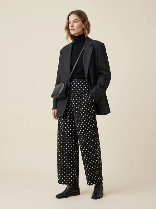 Pantaloni a gamba larga a vita alta a pois neri