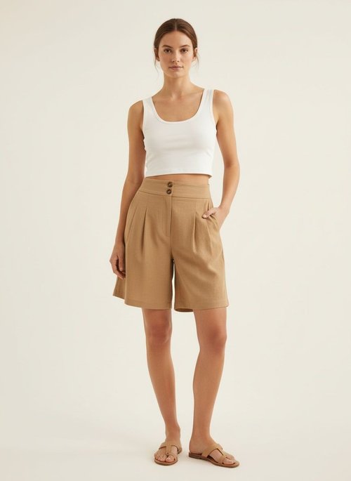 Pantaloncini da donna a vita alta, plissettati e gamba larga